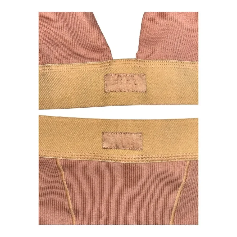 SKIMS Rose Clay Cotton Rib Plunge Bralette & Matching Cotton Rib Boxer Set S/M